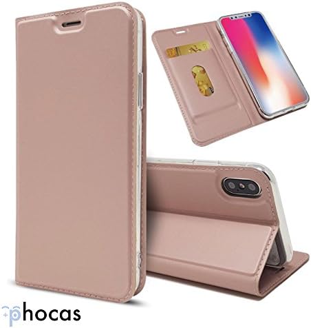 Luxury PU Leather iPhone X / iPhone 10 Foldable Magnetic Wallet Cover, Card-Holder and Kickstand (Rose Gold)