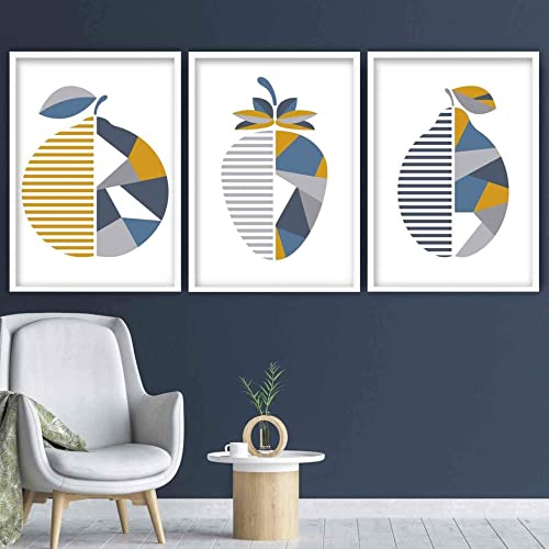 Artze Wall Art Geometric Orange Strawberry Lemon Fruit Kitchen Wall Art Prints 3-Piece Set, 40 cm Width x 50 cm Height, Yellow/Blue/Grey