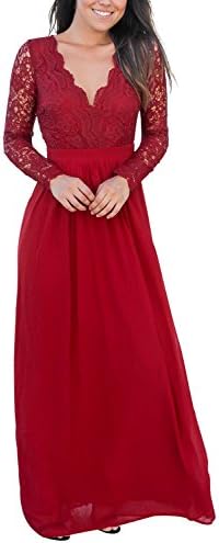 Cyerlia Women's Long Sleeve V Neck Backless Lace Long Bridesmaid Dresses For Wedding Red Medium