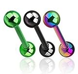 Color Titanium Anodized Barbells Tongue Ring Green, Black, Rainbow 3pcs