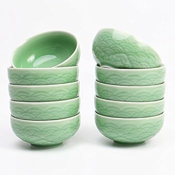 Chinese Rice Bowls 10-Ounce Celadon Glazed 4.5Inch Cereal Bowl with Emblazonry(Set of 4) (Green01)