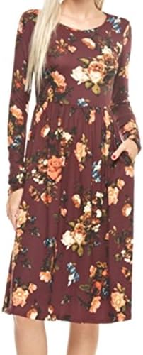 Womens Bohemian Long Sleeve Floral Printed Tunic Shirt Dresses Casaul Elastic Dresses with Pockets (S, Burgundy)