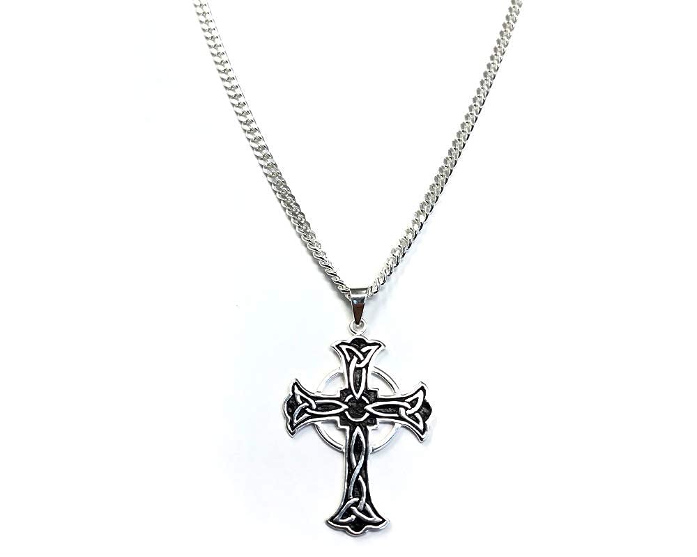 Strictly Gifts Unisex Silver Large Irish Celtic Cross Trinity Triquetra Knot Pendant on 60cm Curb Chain - Sterling Silver