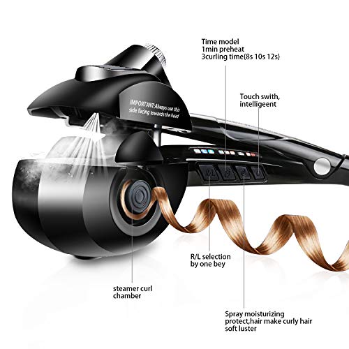 YITRUST Rotating Curling Iron Automatic Steam Hair Curlers Ceramic Wavy Hair Styling Steamer Spray Spiral Wands with LCD Display(Black)