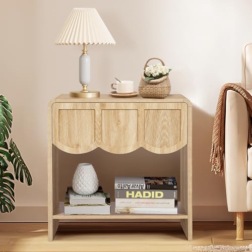 Night Stand Set of 2, Mid Century Modern Farmhouse Wood Nightstand with Wave Panel Drawer, Bed Side End Table for Small Space, Living Room - Natural