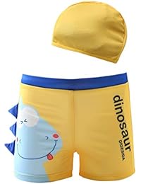 Monvecle Boys 2pcs Swim Trunks Cartoon Dinosaur Beach Boxers with Cap Rashgurad Swimsuit Set UPF 50+ Yellow 7-8y