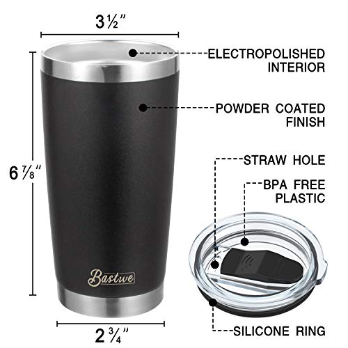 4 Pack 20oz Vacuum Insulated Tumblers, Bastwe Double Wall Stainless Steel Travel Mug with Lid and Straw for Home, Office, School, Works Great for Ice Drink, Hot Beverage (Black)