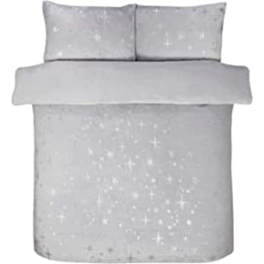 Sleepdown Scattered Stars Foil Fleece Silver Plain Reverse Warm Soft Cosy Duvet Cover Quilt Bedding Set with Pillowcases - King (230cm x 220cm)