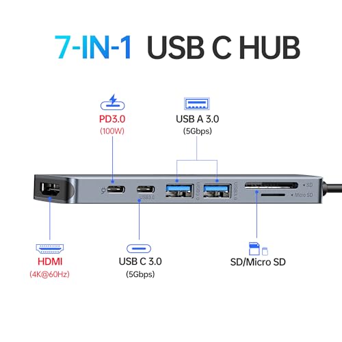 USB C Adapter, Selore USB C Hub HDMI 4K, USB 3.0 Ports, SD/TF Card Reading, 7-in-1 USB C Dock for MacBook Pro 2020 MacBook Air 2020 Huawei Matebook ChromeBook Pixel Tablet USB Type C