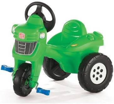 Pedal Farm Tractor- Made of Metal and Plastic- Green in Color- Features a Pivot-Steering Action with Rugged Tread Wheels and an Open and Close Petrol Pump- Develop Gross Motor Skills