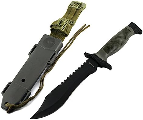 Tactical Survival Hunting Knife, Double Saw Edge Spine, Rubber Handle,12-Inch Overall