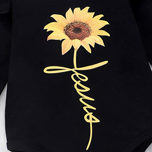 Little Story 0M-24M Children's Solid Color Long-Sleeved Cartoon Sunflower Print Hakama + Bow Trousers Set Infant Baby Kids Black