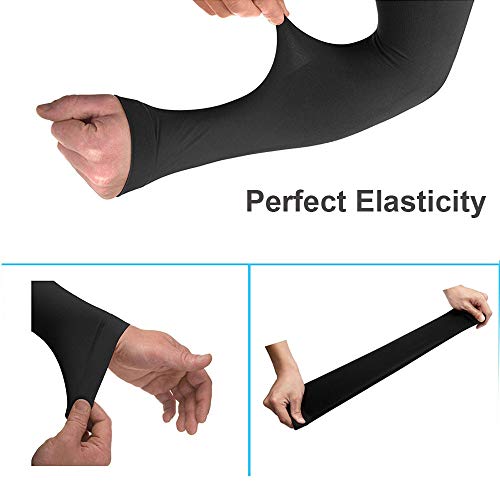 Talshy UV Protection Cooling Arm Sleeves Sports Armwarmers Covers Tattoo Thumb Holes with Cooling Towel for Men Women Boy Girls Cycling Running Basketball Football Golf Driving Black