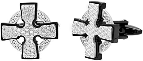Men’s Stainless Steel Diamond Accent Checker Plate Black Outlined Cross Cufflinks