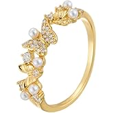Kokoma Dainty Pearl Butterfly Ring for Women Shiny Cubic Zirconia Wrap Finger Band Open Statement Ring Eternity Anniversary Rings Engagement Wedding Fashion Jewelry