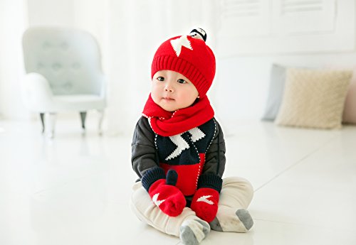 Baby Kint Hat and Scarf Mitten Set Unisex Infant 6-24 Months(red) - Thumbnail 2