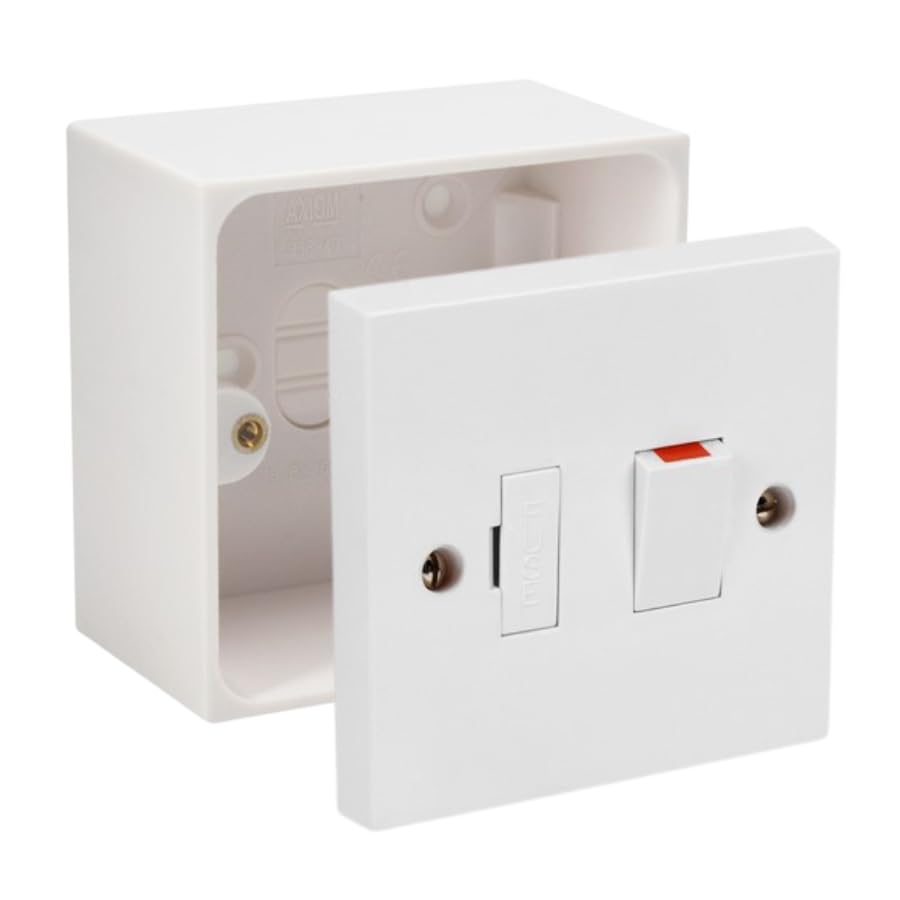 Fused Spur Side Flex 13Amps White Electrical Connection Unit - Optional Neon Indicator, Single 25/35/45mm Pattress Back Box Surface Mounted 1 Gang (Switched Fused Spur, SET with 45mm Box)