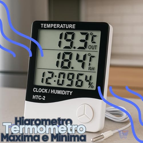 Termômetro Higrômetro Digital Alta Precisão, Medidor de Temperatura e Umidade do Ar Memória Máx/Mín Relógio Integrado Display LCD Fácil Leitura para Casa Freezer Aquário Chocadeira e Geladeira Premium