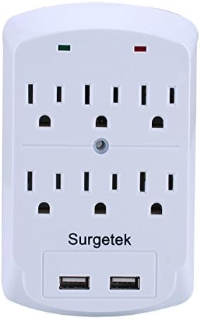 Surgetek Wall Mount 6-Outlet Grounded Surge Protector Extension Outlets Power Strip Tap with 2 USB Charging Charger Port, ETL Listed (6 outlets with 2 USB)