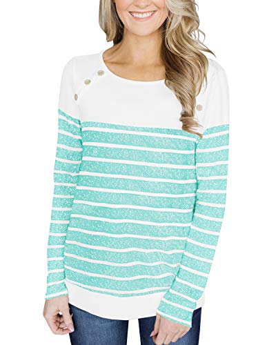 YunJey Womens Long Sleeve Button Decor Color Block Patchwork and Striped Tops Blouses Casual T Shirts Sweaters Sweatshirts Green