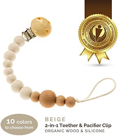 Lil' Teethers Pacifier Clip for Boys & Girls, Fits Soothie, Mam, Nuk Pacifiers, Teething Toys and more. Teether clip is made of Food Grade Silicone & Passed by CPSC. Beige