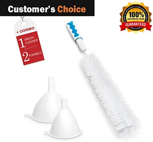 Glass Water Bottle Cleaning Brush – 16” Brush with 2 Funnels - Bendable Large Bottle Brush for Beer, Carboys, Feeders, Wine, Kombucha, Decanter, Baby &amp; Sport Bottles – Fits Narrow Openings