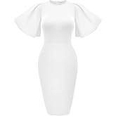 Memoriesea Women's Basic Bodycon Ruffle Flared Short Sleeve Pencil Midi Dress