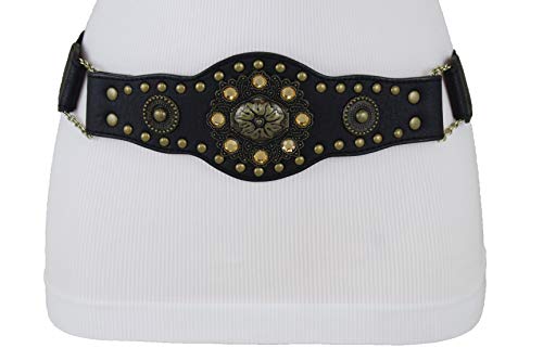 TFJ Women Ethnic Fashion Antique Gold Metal Flower Charm Elastic Belt Black M L