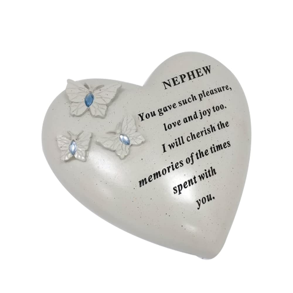 Personalised Grave Ornament/Memorial Plaque with Heart With 3 butterflies & Blue Gems | Graveside Decoration Gift in the Loving Memory of your Loving Deceased Ones (Nephew)
