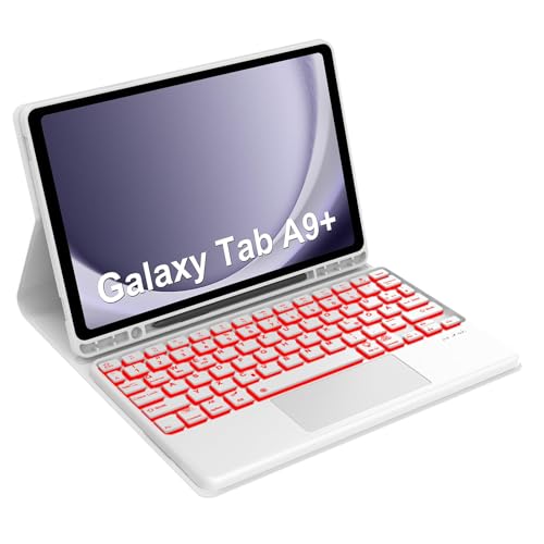 Occtingkind Custodia per Samsung Galaxy Tab A9+ 11" con tastiera, tastiera per Samsung Tab A9 Plus 11" 2023 SM-X210/X215/X216, 7 colori LED, trackpad, tastiera Bluetooth, QWERTZ, magnetica, grigio