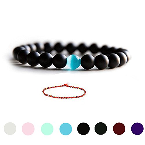 Cat Eye Jewels Natural Black Matte Agate Onyx Stones Bead Bracelet with Blue Semi-Precious Water Drop Stones Stretch Bracelet (H62)