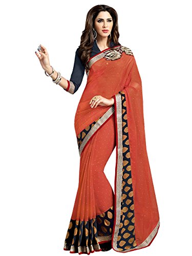 Shonaya Women's Patch Work Georgette & brasso Orange Half & Half Saree With Unstitched Blouse Piece