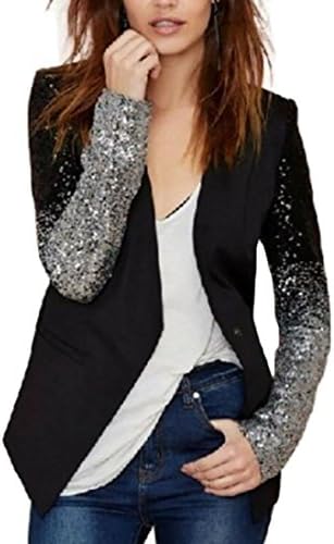SELX Womens Sequins Patchwork Long Sleeve Open Front Plus Size Suit Blazer Jacket Black US 2XL