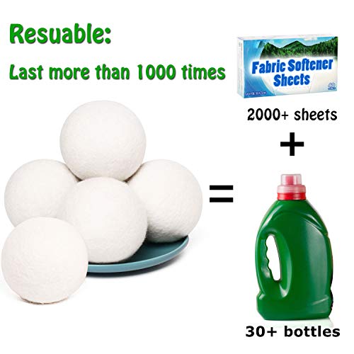 Wool Dryer Balls 6-Pack XL Laundry Dryer Balls Reusable Natural Fabric Softener Handmade Dryer Balls 100% New Zealand Wool Organic Dryer Balls for 1000+ Loads Reduce Wrinkles (6White, XL)