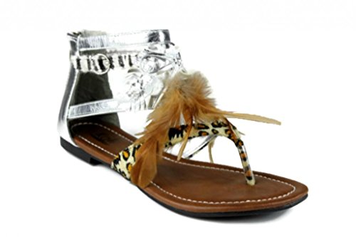 Kali Footwear Women's Point Animal Print Feathered Flat Thong Ankle Sandals 8
