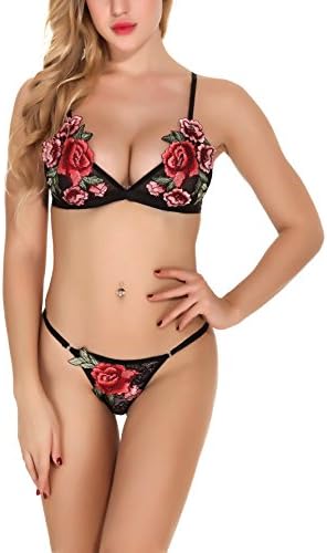 Etopstek Women Sexy Lingerie Mesh Embroidered Floral Underwear Sleepwear Set, Black-3, X-Large