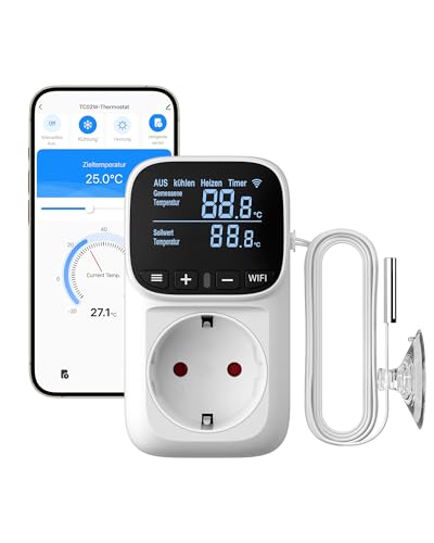 DEWENWILS Smart Thermostat Socket, WiFi Temperature Controller with Sensor 230 V, App Control, LCD Display, 6 Operating Modes with Heating/Cooling/Timer for Greenhouse, Terrarium, Fridge