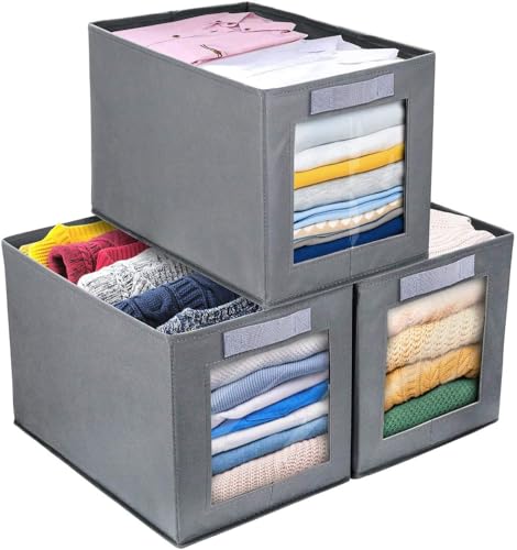 DIMJ Foldable Storage Boxes with Transparent Window Fabric Collapsible Storage Bin Basket with Handle for Wardrobe, Closet, Shelves Organiser (3 Pieces)