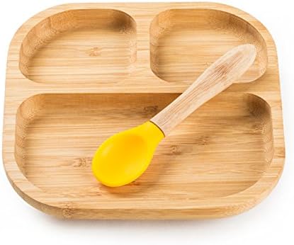 Baby Toddler Stay Put Dish, Kids Suction Plate, Bamboo Cute Dinnerware (Yellow)