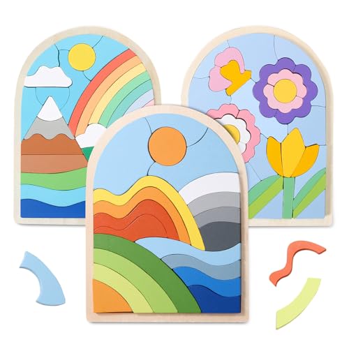 3 Pack Montessori Wooden Shape Puzzles - Color Matching & Cognition Fun for Kids Over 3 Years Old, with Rainbow Blocks & Themes (Flower, Rainbow, Sunrise), Fine Motor Skill Building Toys & Gifts
