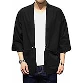 PRIJOUHE Men's Kimono Jackets Cardigan Casual Cotton Blends Linen Seven Sleeve Open Front Embroidery Coat