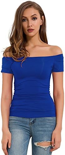 LOBOHO Women's Fashion Off Shoulder Tops Short Sleeve Cotton Casual T-Shirt (Small, Blue)