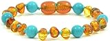 Baltic Amber Teething Bracelet / Anklet {0056} Mixed with Turquoise Beads - 5.5 inches - Amber Jewelry - Hand-Made from Natural Baltic Amber Beads (5.5 inches (14 cm), Cognac / Turquoise (Green))
