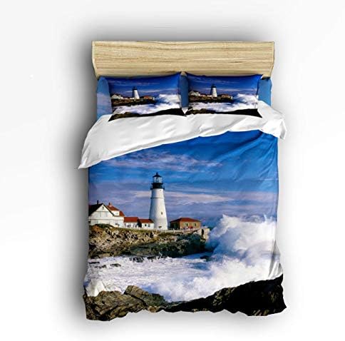 Covasa 高級寝具4点セット 灯台 美しい街と町の風景 海の波 掛け布団カバーセット 掛け布団カバー ベッドシーツ 枕カバー キングパターン クイーン ブラック