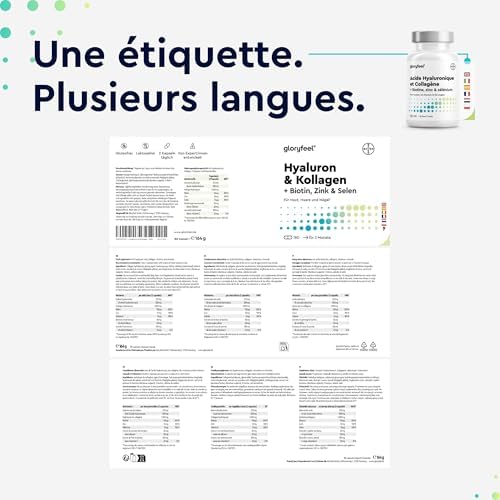 Collagene Type 1 & 3 avec Acide Hyaluronique, 180 Gélules, Enrichi en Vitamines A & C, Biotine, Zinc & Sélénium, 1000mg de Collagène Hydrolysé, Anti-âge et pour les Articulations, Testé en Laboratoire
