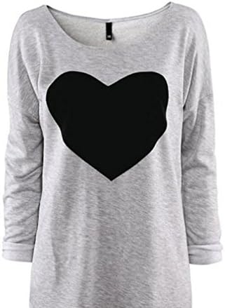 Anxinke Women Casual Loose Heart Printed Long Sleeve Crew Neck Long T Shirts Tops (L)