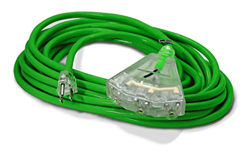 25-ft 14/3 Heavy Duty 3-Outlet Lighted SJTW Indoor/Outdoor Extension Cord by Watt's Wire - Green 25' 14-Gauge Grounded 15-Amp Three-Prong Power-Cord (25 foot 14-Awg)