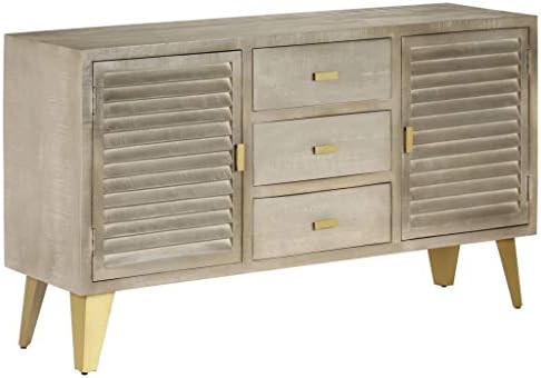 Daonanba Drawer Cabinet Sideboard Solid Mango Wood Grey With Brass