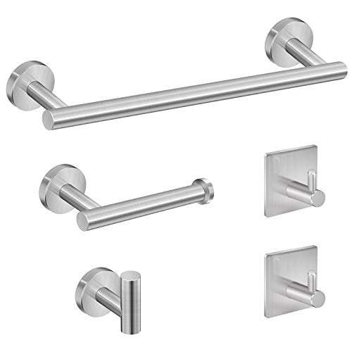 Tudoccy 5-Pieces Bathroom Hardware Set Brushed Nickel SUS304 Stainless Steel Round Wall Mounted - Includes 14" Hand Towel Bar, Toilet Paper Holder, 3 Robe Towel Hooks,Bathroom Accessories Kit ...