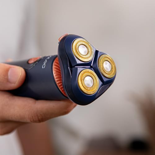Rasoio Rotativo PrecisionCare Aluminium Pro. Autonomia 80min, Display LCD, Lame Titanio, 8000rpm, Resistente all'Acqua IPX6, Tecnologia Doppia Lama, Base Ricarica